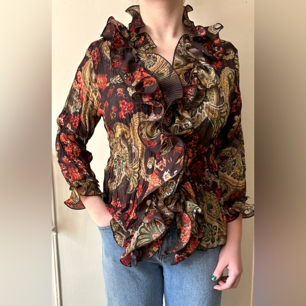 Vintage 90s Laura Petites Ruffled Button Front Pleated Floral and Paisley Blouse - Picture 3 of 15